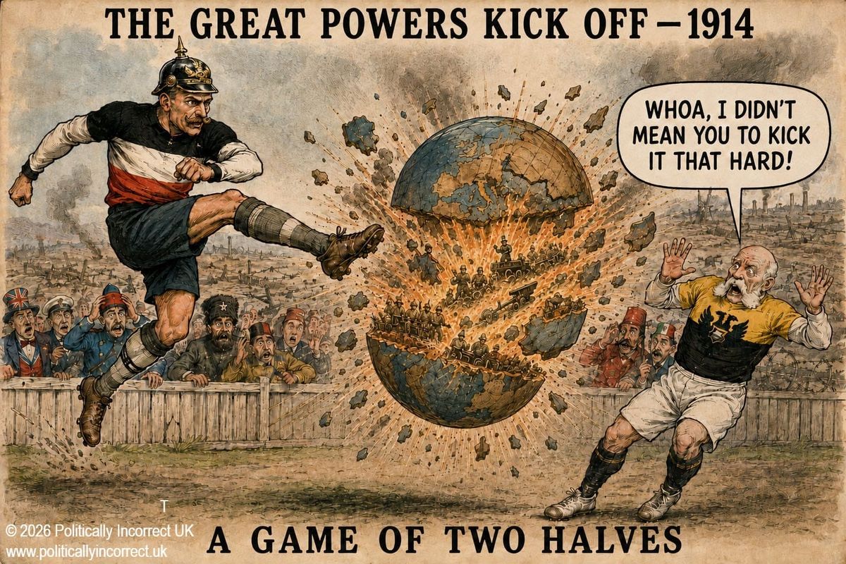 Satirical vintage illustration titled “The Great Powers Kick Off - 1914,” depicting rival European footballers whose kicks unleash the machinery of the First World War.