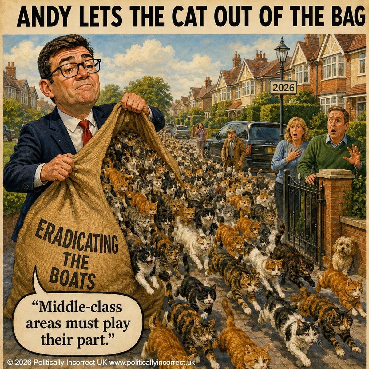 Satirical image of Andy Burnham releasing hundreds of cats from a sack marked “Eradicating the Boats” into a suburb.