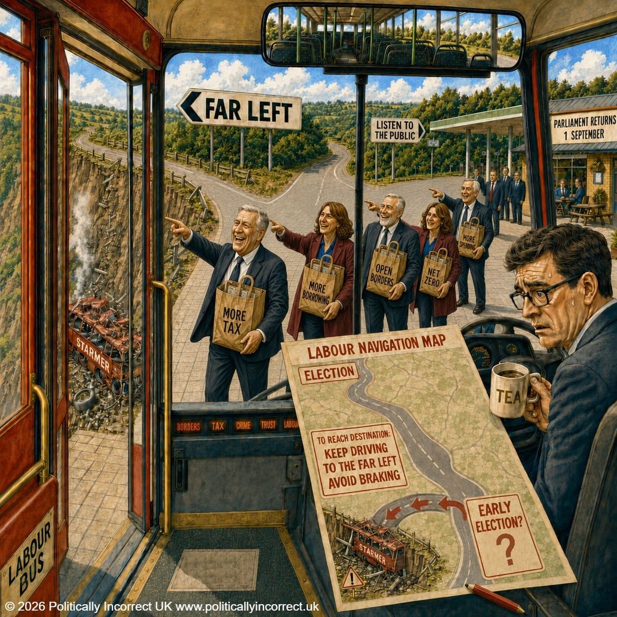 Satirical illustration showing driving a Labour bus toward a wrecked track marked “Far Left.” Party figures carry doggy bags labelled “More Tax,” “More Borrowing,” “Open Borders,” etc