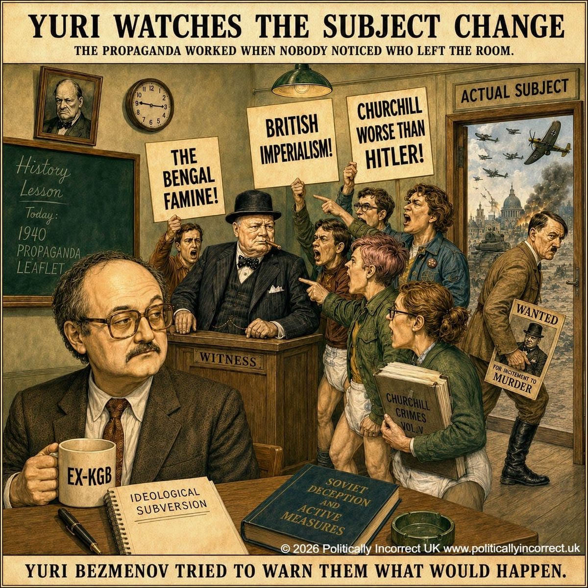 Satirical classroom scene showing Yuri Bezmenov watching protesters accuse Churchill while Hitler leaves through a side door.