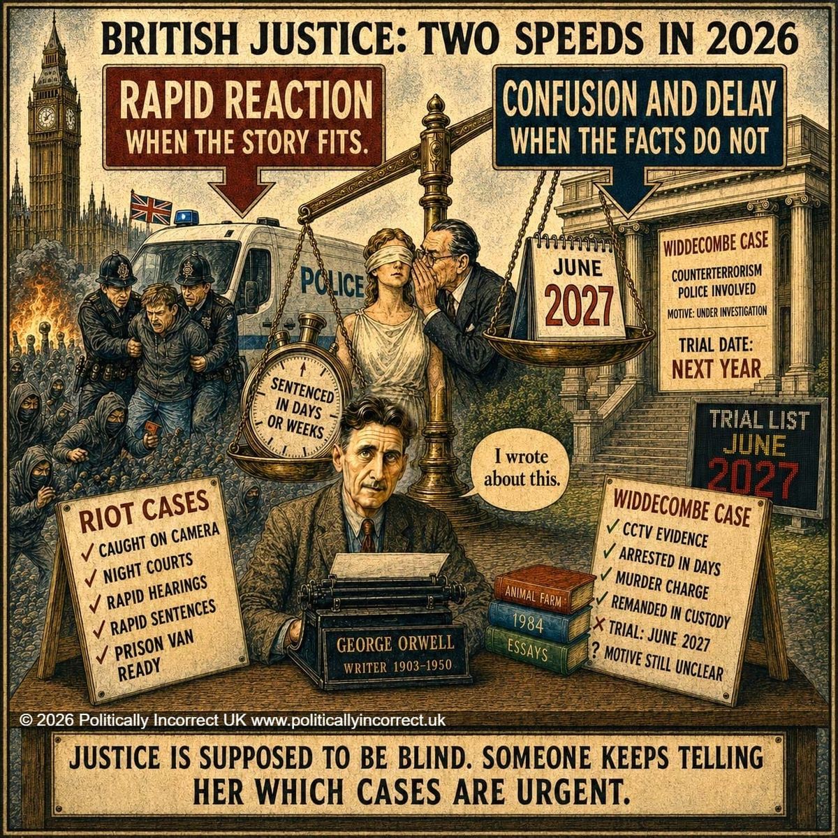Satirical poster contrasting rapid riot sentencing with delays in the Widdecombe murder case.