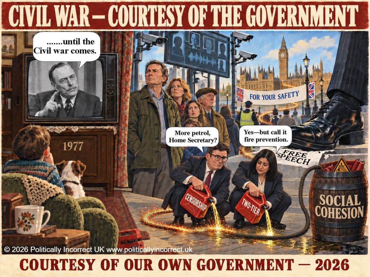 Satirical poster showing Enoch Powell on television as censorship and two-tier government feed a burning fuse.