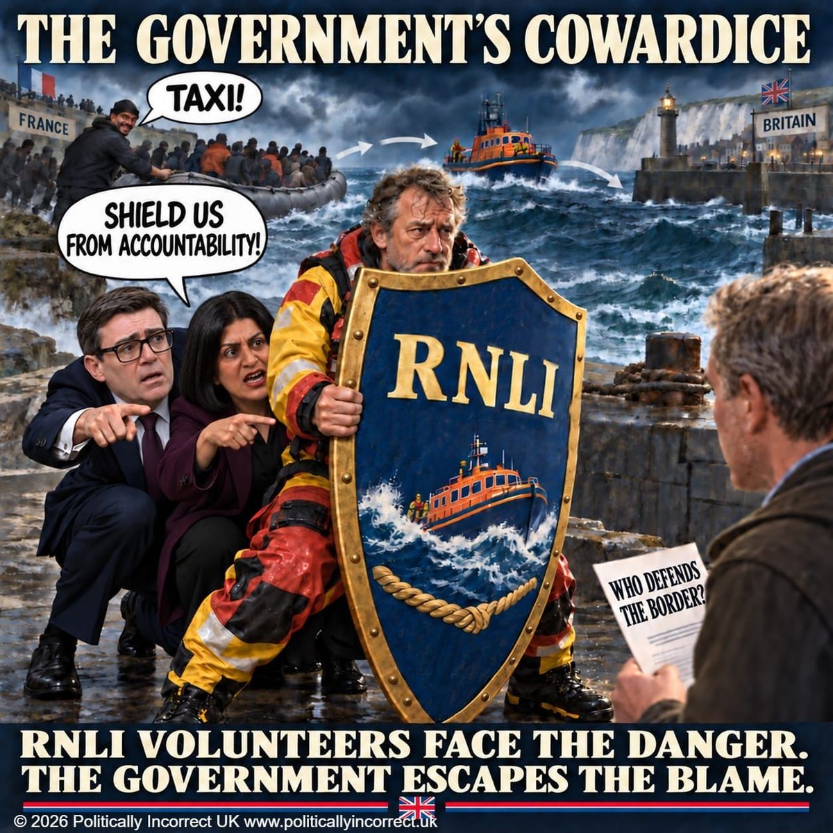 Satirical image of Andy Burnham and Shabana Mahmood hiding behind an RNLI volunteer as another Channel dinghy leaves France.