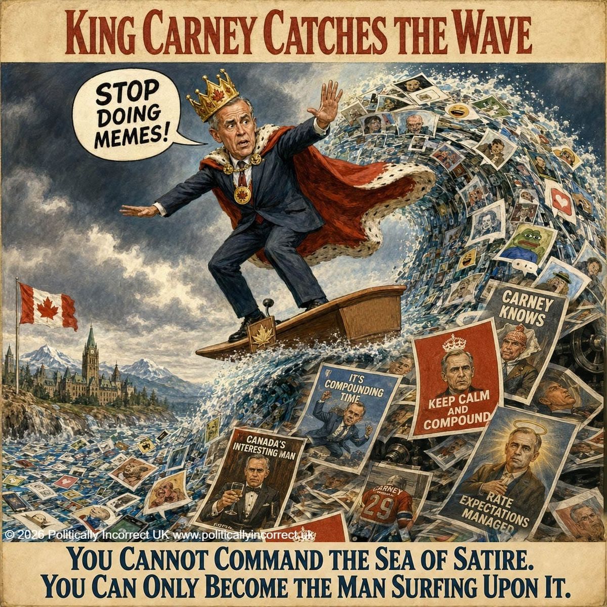 Satirical vintage-style illustration of Canadian PM Mark Carney wearing a crown and royal cape while surfing an enormous wave of internet memes. A speech bubble reads, “Stop doing memes!”