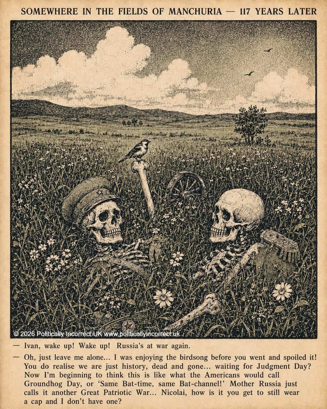 Victorian-style engraving of two soldiers’ skeletons talking in a flowered Manchurian field, 117 years after their war.