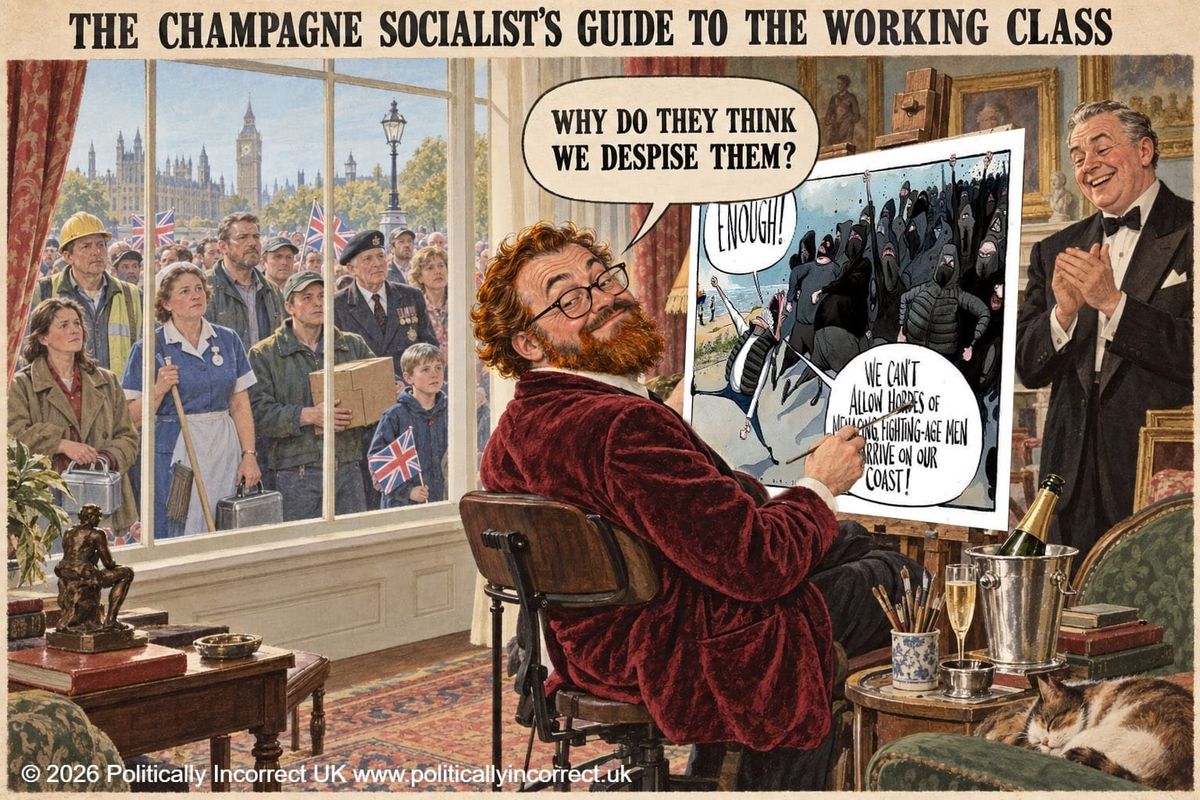 Satirical illustration titled “The Champagne Socialist’s Guide to the Working Class,” showing a wealthy artist painting a pro-migration cartoon about working-class Britons protesting at Dover