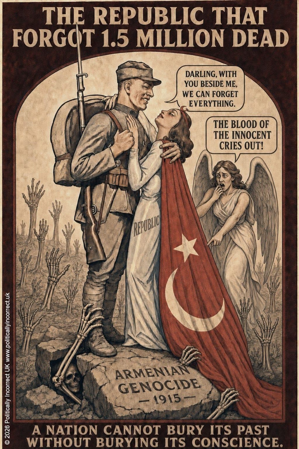 Memorial poster showing an Ottoman soldier embracing Turkey as Armenian genocide victims rise from graves beneath them.