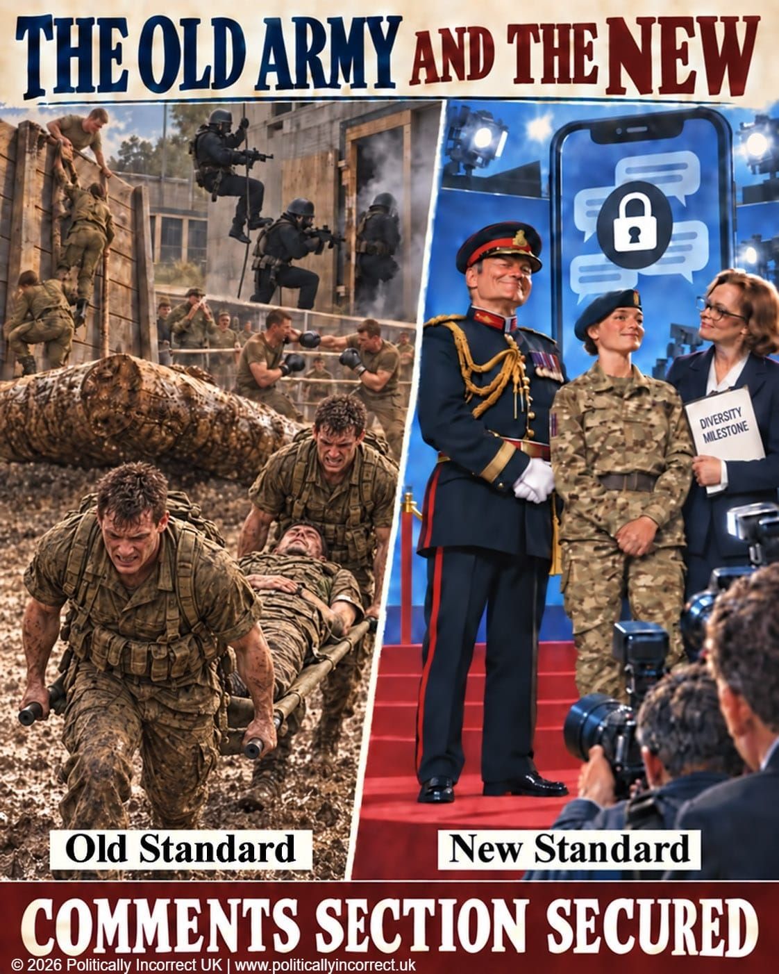 Satirical split image contrasting soldiers enduring harsh training with an Army diversity event and locked comments.