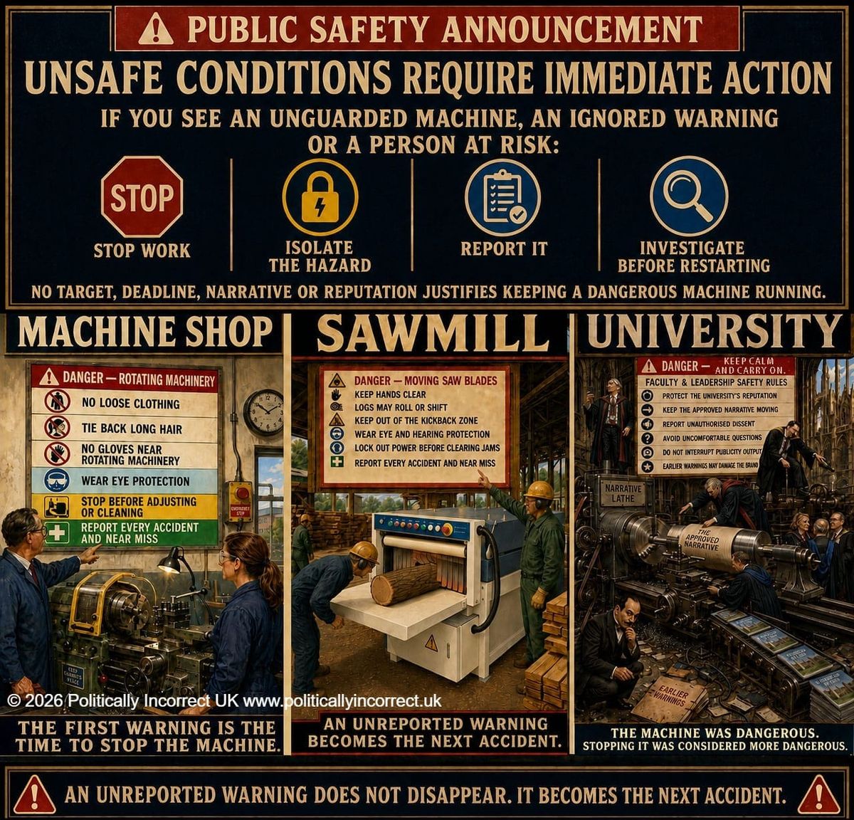 Satirical safety poster comparing responsible factories with a university machine that suppresses warnings to protect its narrative.
