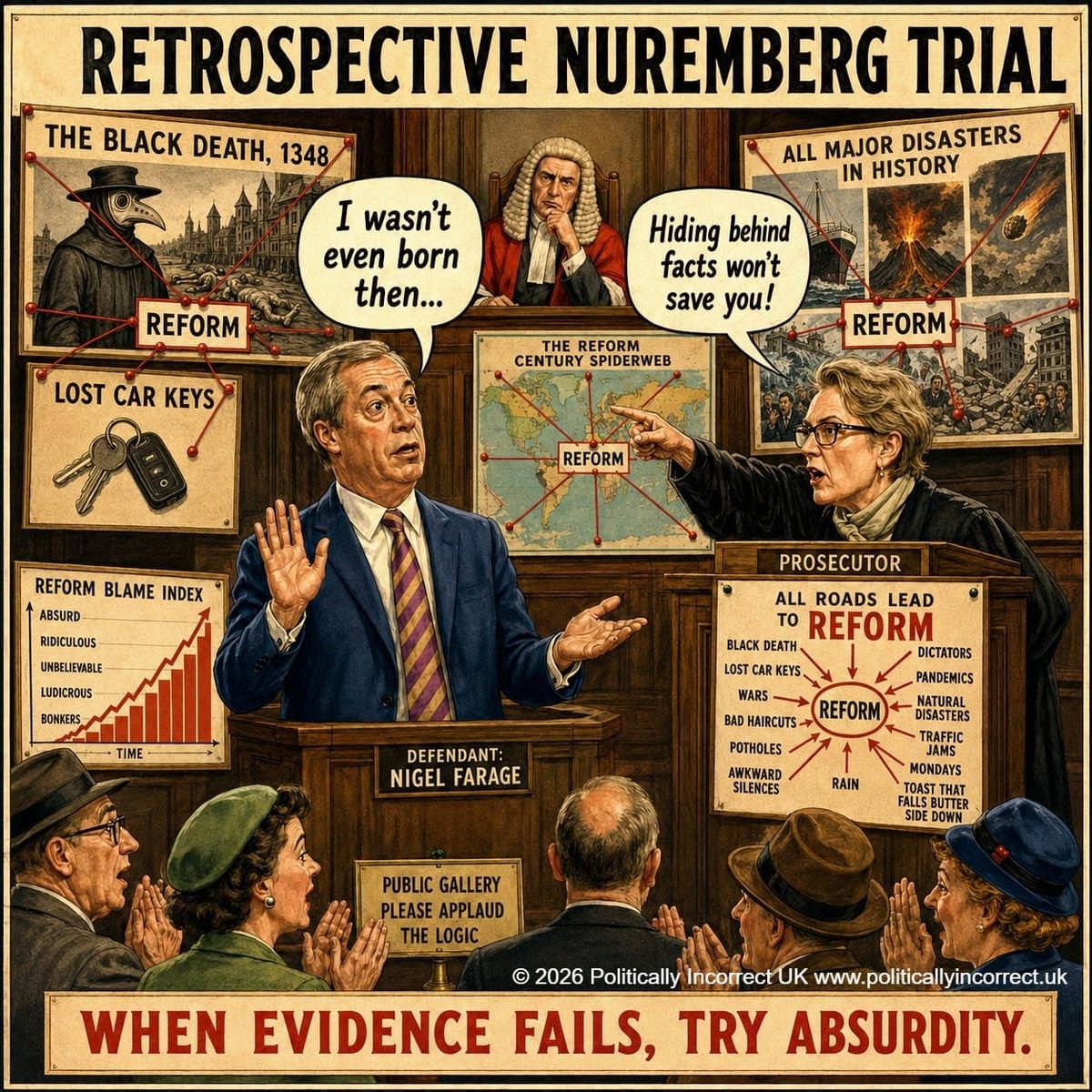 Satirical courtroom showing Nigel Farage on trial as a prosecutor blames Reform UK for disasters, lost keys and bad haircuts.