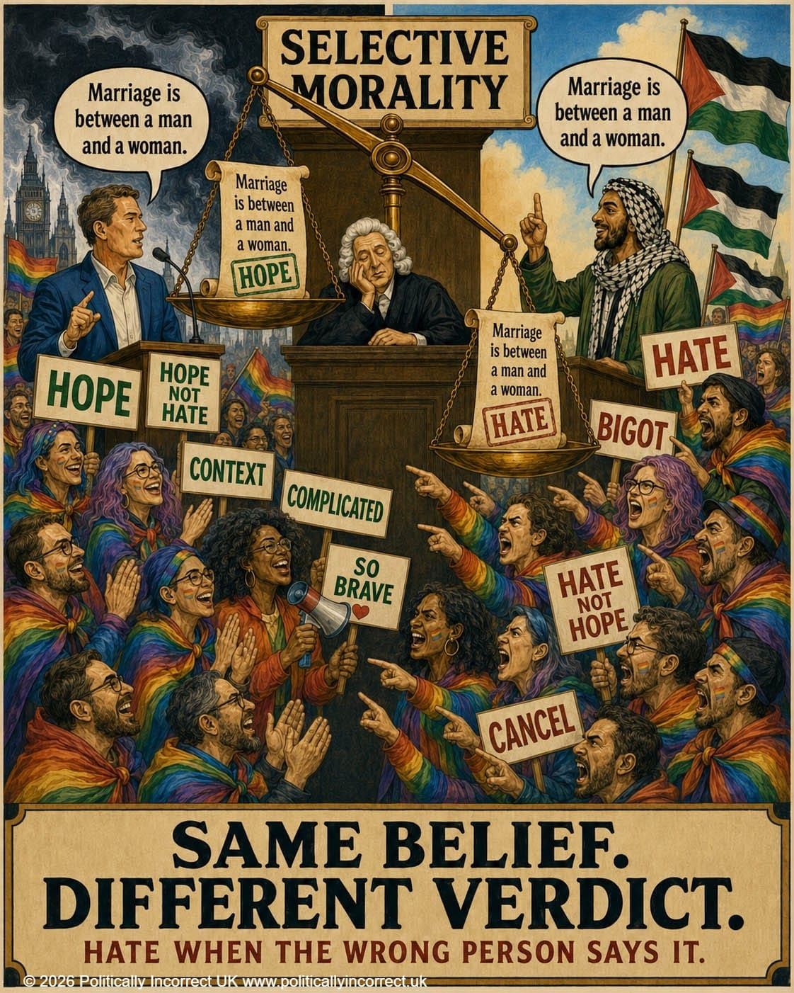 Satirical courtroom weighing the same statement about marriage differently when spoken by Western and Palestinian men.