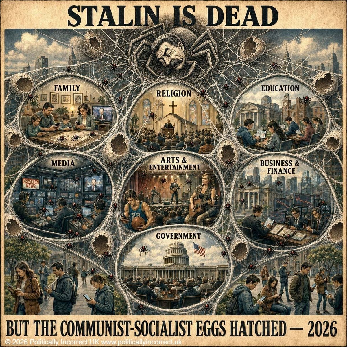 Poster of Stalin as a spider weaving webs across family, religion, education, media, arts, finance and government.