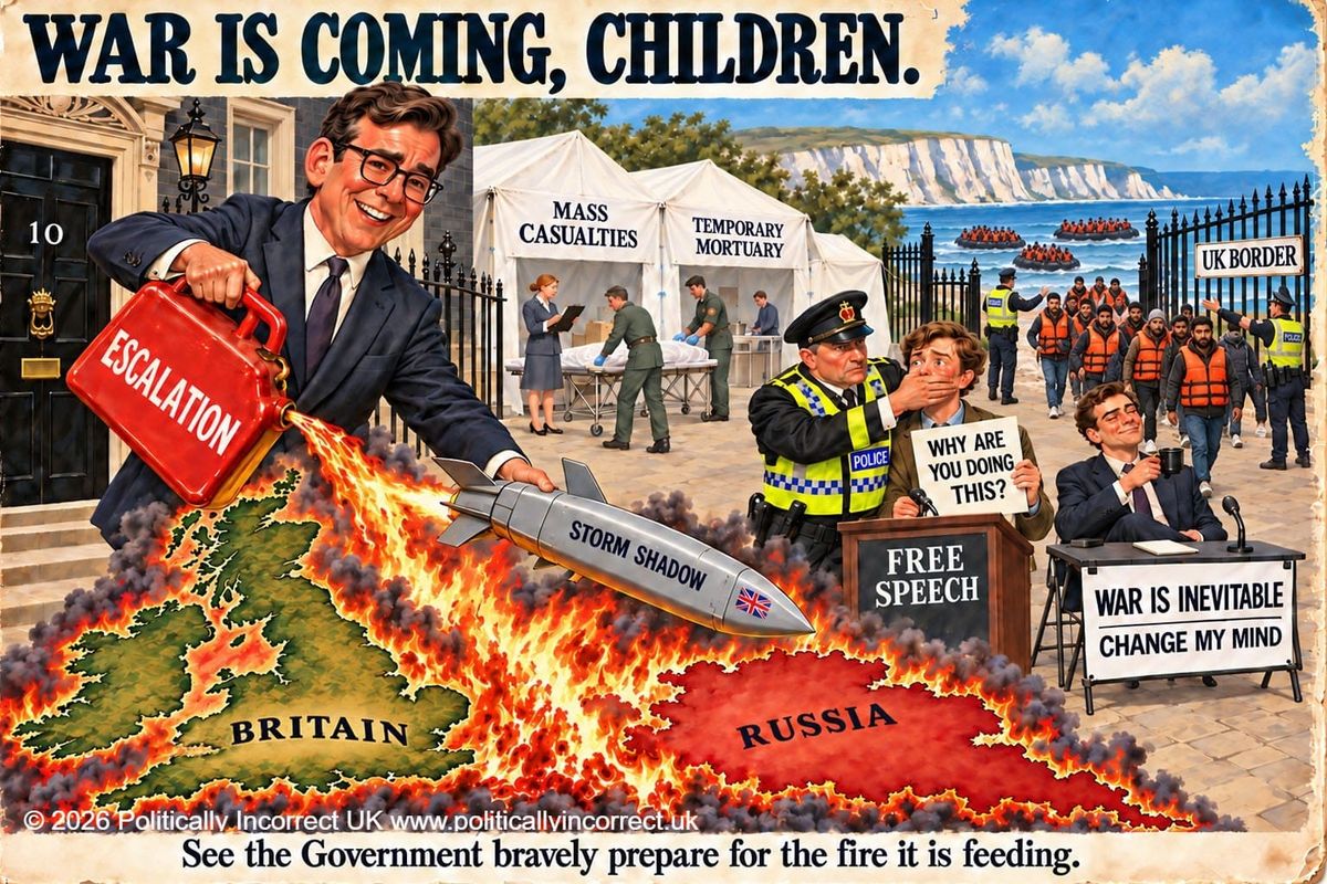 Satirical poster of a minister pouring “escalation” onto a burning map as a Storm Shadow missile heads towards Russia.