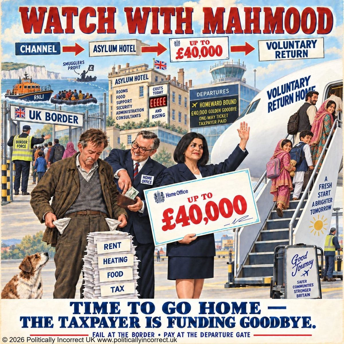 Satirical image of Shabana Mahmood holding a £40,000 cheque as a family boards a voluntary-return flight.