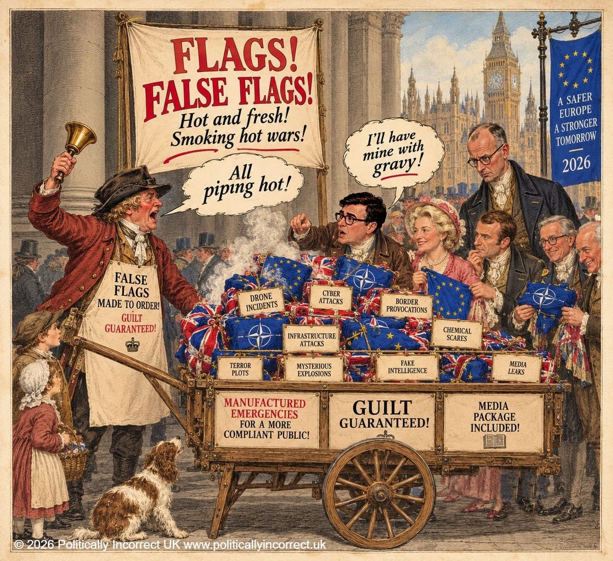 Satirical Victorian street scene showing leaders buying “false flags” labelled cyberattacks, drone incidents and media leaks.