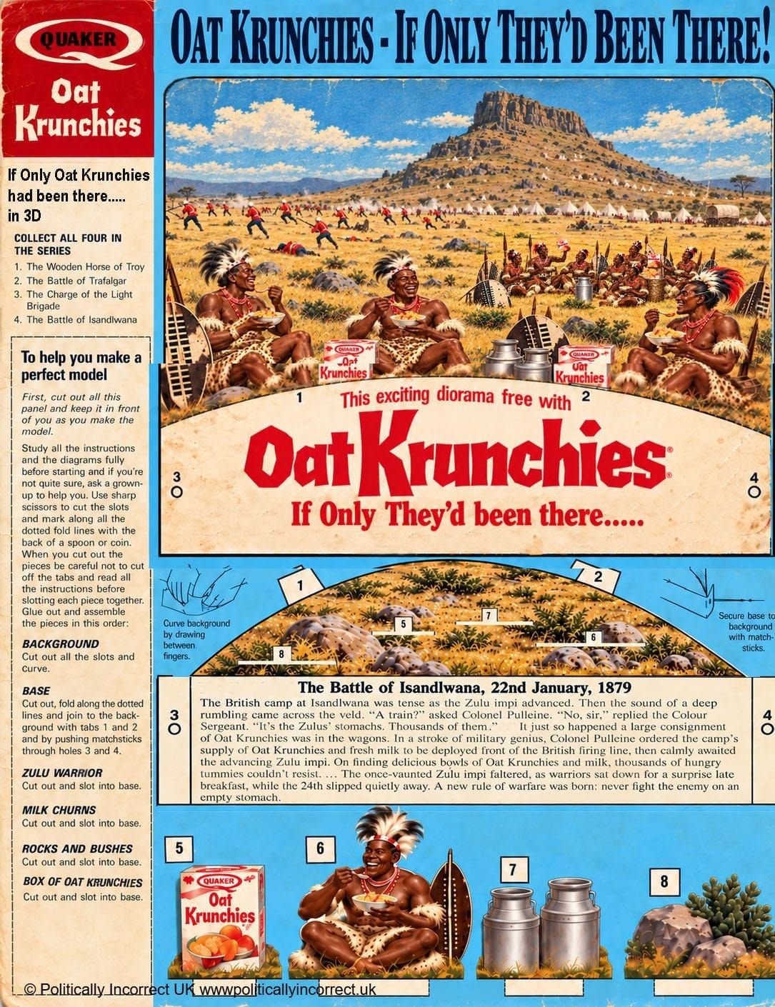 Vintage 1960s-style Oat Krunchies spoof advertisement showing Zulu warriors pausing during the Battle of Isandlwana to eat bowls of breakfast cereal.