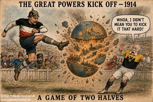 Satirical vintage illustration titled “The Great Powers Kick Off - 1914,” depicting rival European footballers whose kicks unleash the machinery of the First World War.
