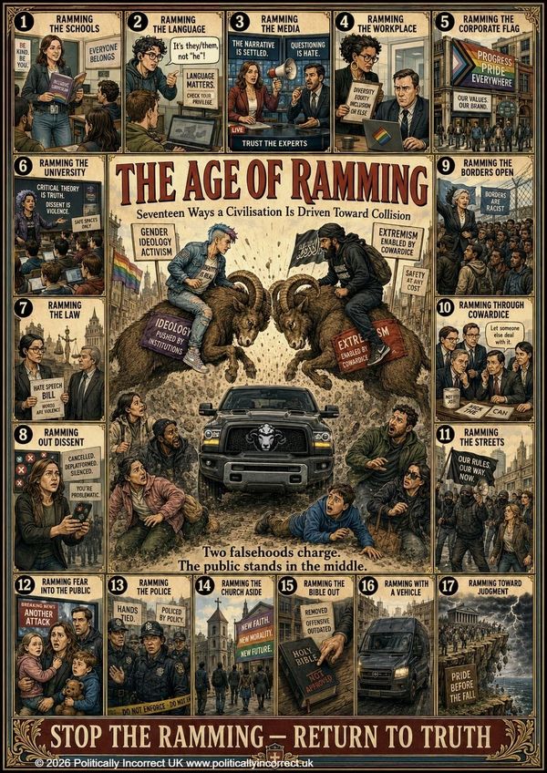 Political poster showing 17 forms of ideological “ramming,” with two rams colliding as the public is trapped between them.