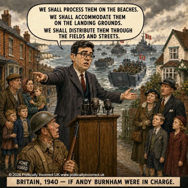 Satirical image of Andy Burnham giving a Churchill-style speech as Nazi landing craft approach wartime Britain.
