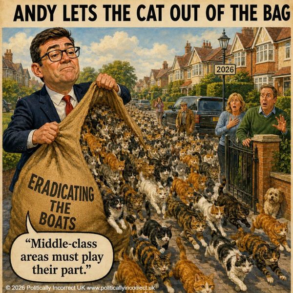 Satirical image of Andy Burnham releasing hundreds of cats from a sack marked “Eradicating the Boats” into a suburb.