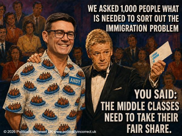 Satirical game-show scene with Andy Burnham as the answer says the middle classes must bear more immigration costs.