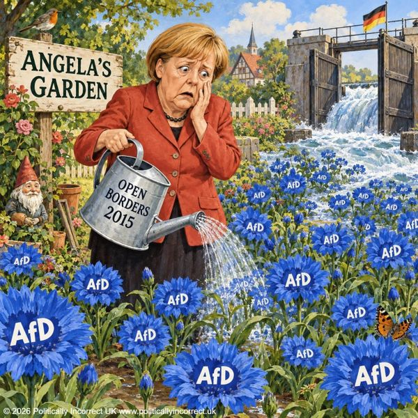 Satirical image of Angela Merkel watering blue AfD flowers beside open floodgates with a can marked “Open Borders 2015.”