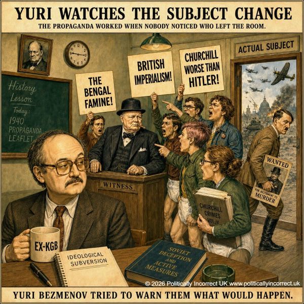 Satirical classroom scene showing Yuri Bezmenov watching protesters accuse Churchill while Hitler leaves through a side door.