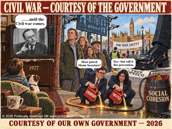 Satirical poster showing Enoch Powell on television as censorship and two-tier government feed a burning fuse.
