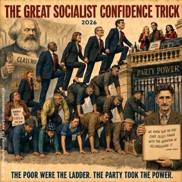 Satirical poster showing Labour politicians climbing over struggling workers to reach party power as George Orwell looks on.