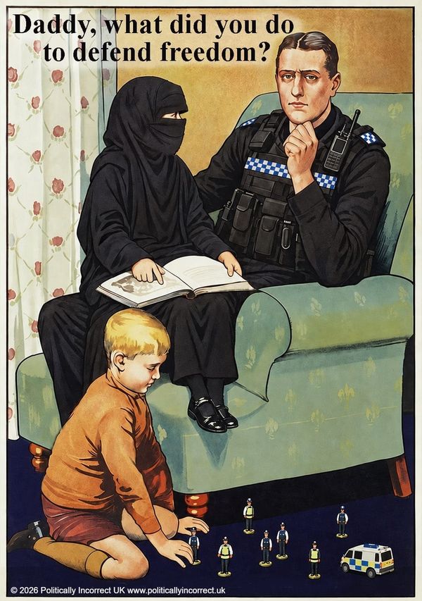 Satirical vintage-style illustration of a troubled British police officer with his veiled daughter while young son plays with toys. Text reads: “Daddy, what did you do to defend freedom?”