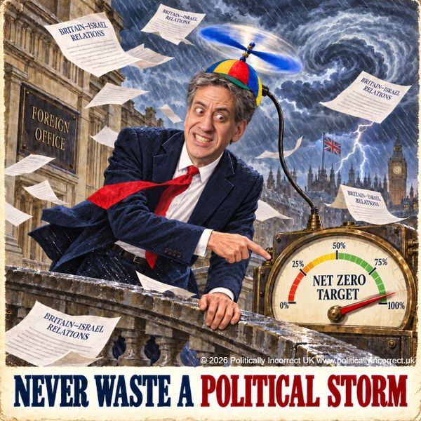 Satirical image of Ed Miliband using a propeller hat to harness a storm scattering papers marked “Britain–Israel relations.”