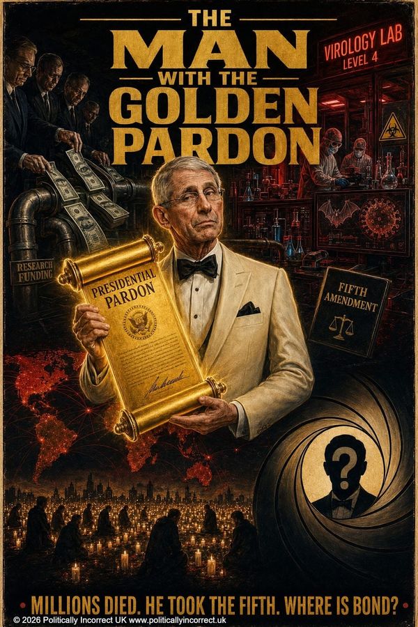 Satirical spy-poster image of Anthony Fauci holding a golden presidential pardon beside a virology laboratory.