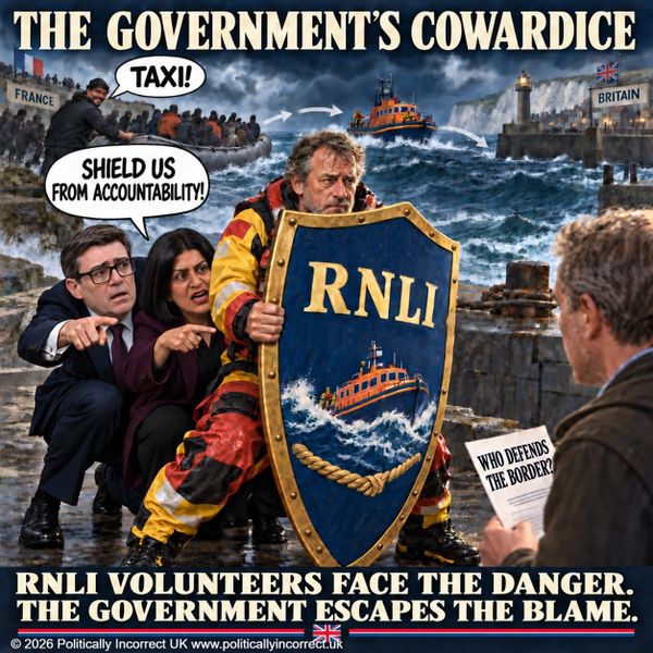 Satirical image of Andy Burnham and Shabana Mahmood hiding behind an RNLI volunteer as another Channel dinghy leaves France.