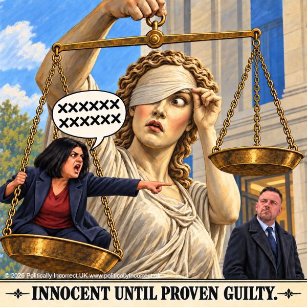 Satirical image of Lady Justice peeking beneath her blindfold as an accuser outweighs a man on uneven scales.