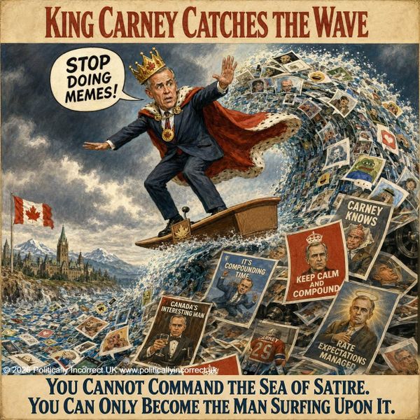 Satirical vintage-style illustration of Canadian PM Mark Carney wearing a crown and royal cape while surfing an enormous wave of internet memes. A speech bubble reads, “Stop doing memes!”