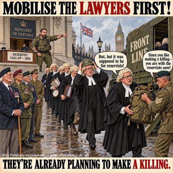 Satirical illustration of lawyers being mobilised for military service before British reservists, highlighting the contrast between battlefield danger and later legal scrutiny.