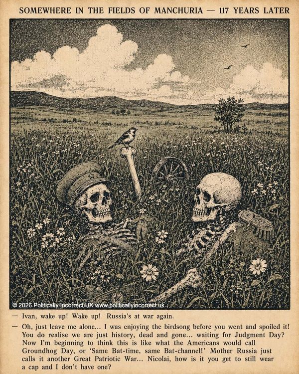 Victorian-style engraving of two soldiers’ skeletons talking in a flowered Manchurian field, 117 years after their war.