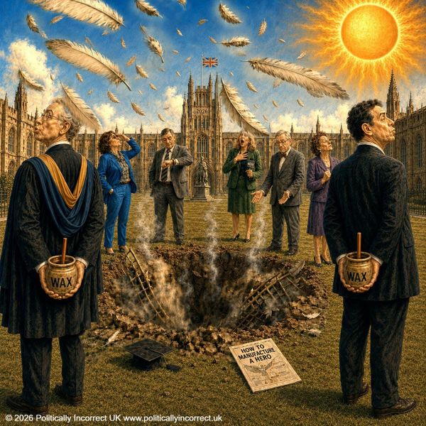 Satirical image in a University grounds showing a smoking crater, falling feathers and officials hiding pots of wax behind them.
