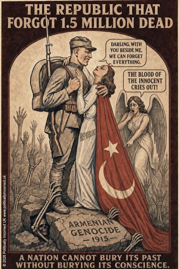 Memorial poster showing an Ottoman soldier embracing Turkey as Armenian genocide victims rise from graves beneath them.