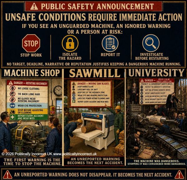 Satirical safety poster comparing responsible factories with a university machine that suppresses warnings to protect its narrative.
