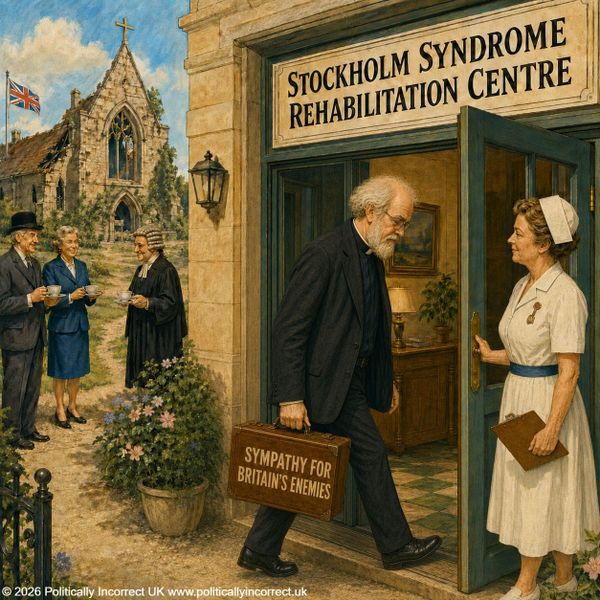 Satirical image of a politician entering a “Stockholm Syndrome Rehabilitation Centre” while a nurse waits outside.