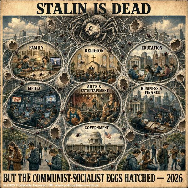 Poster of Stalin as a spider weaving webs across family, religion, education, media, arts, finance and government.