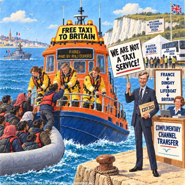 Satirical image of an RNLI lifeboat rescuing people from a Channel dinghy beside signs advertising a “free taxi to Britain.”