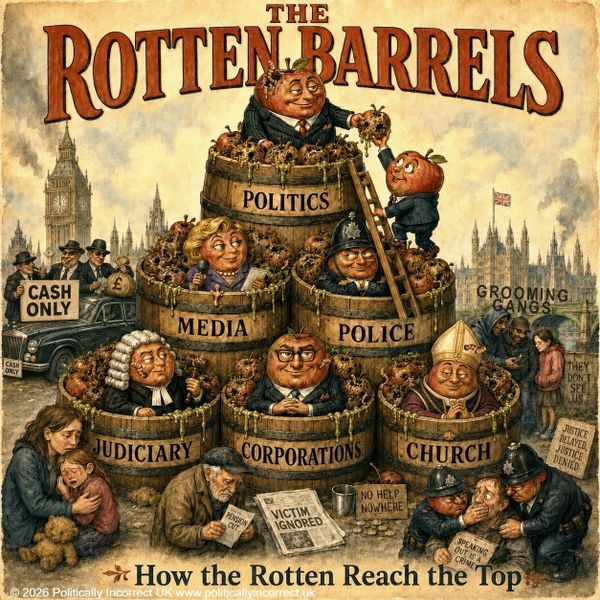 Satirical poster showing rotten apples in barrels labelled politics, media, police, judiciary, corporations and church.