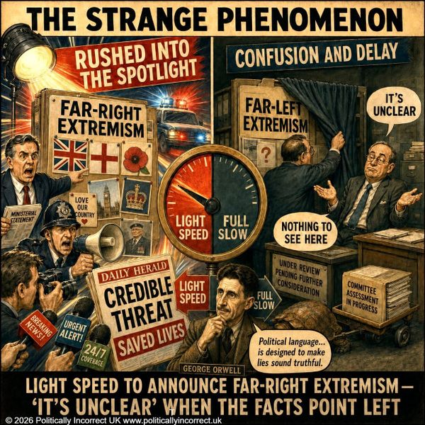 Satirical poster contrasting rapid claims of far-right extremism with delays and uncertainty over far-left extremism.