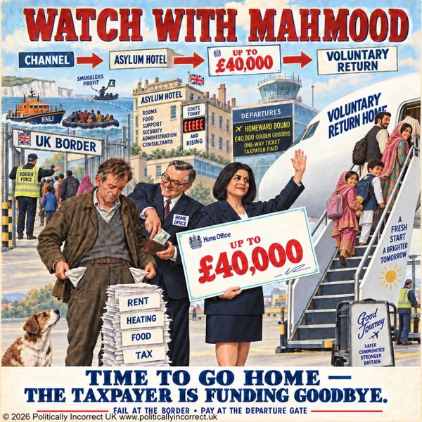 Satirical image of Shabana Mahmood holding a £40,000 cheque as a family boards a voluntary-return flight.