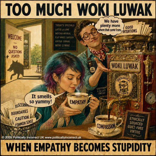 Satirical café scene where customers drink “empathy” and “compassion” while discarding caution and common sense.