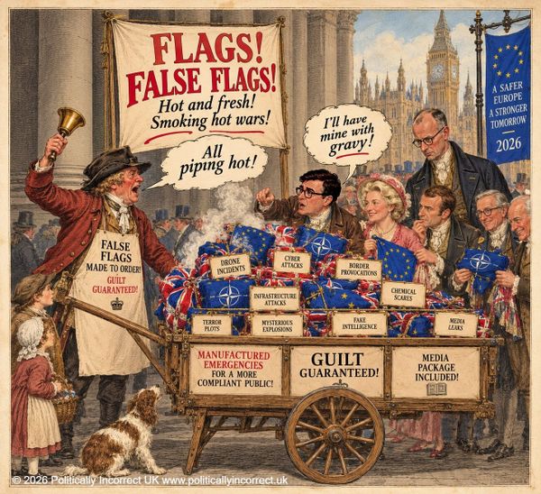 Satirical Victorian street scene showing leaders buying “false flags” labelled cyberattacks, drone incidents and media leaks.