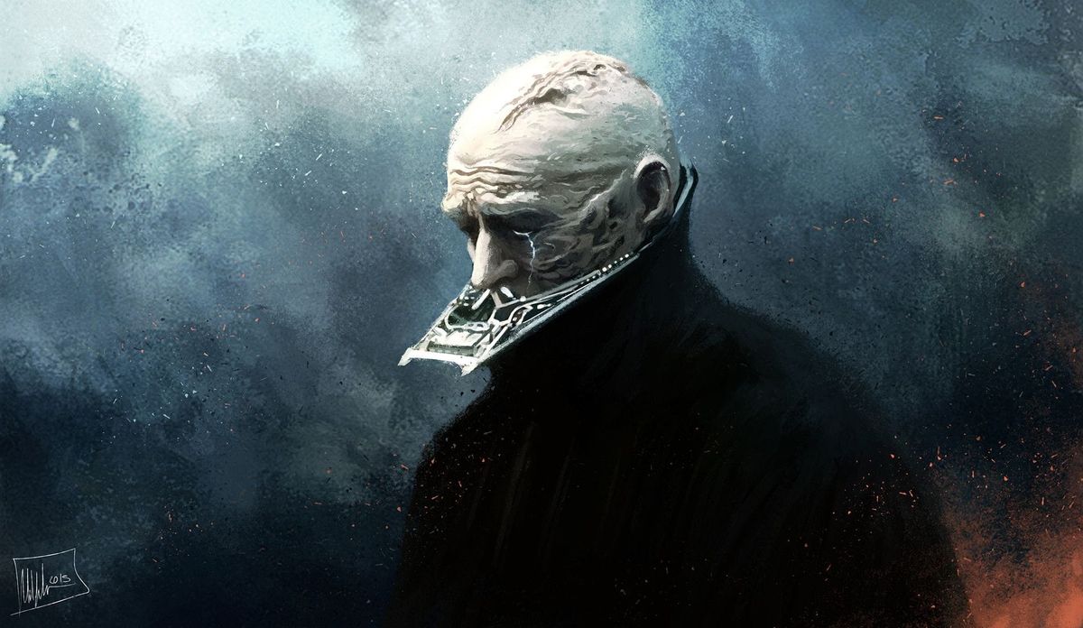 Darth Vader mit weinenden Augen, ohne Helm, zernarbte Kopfhaut - düsterer, schwarz-grauer Hintergrund