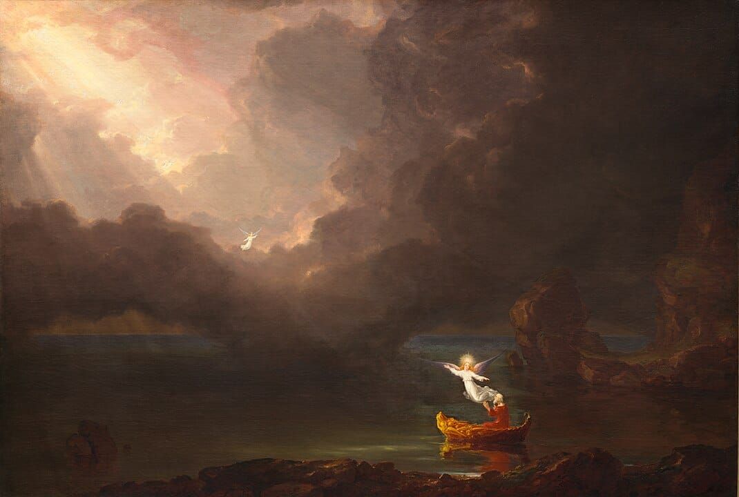 Thomas Cole – The Voyage of Life: Old Age (1842). Ein Mensch auf dem Wasser, gelenkt in Richtung eines goldenen Lichts – Sinnbild für Übergang, Hoffnung und das Leuchten, das bleibt.